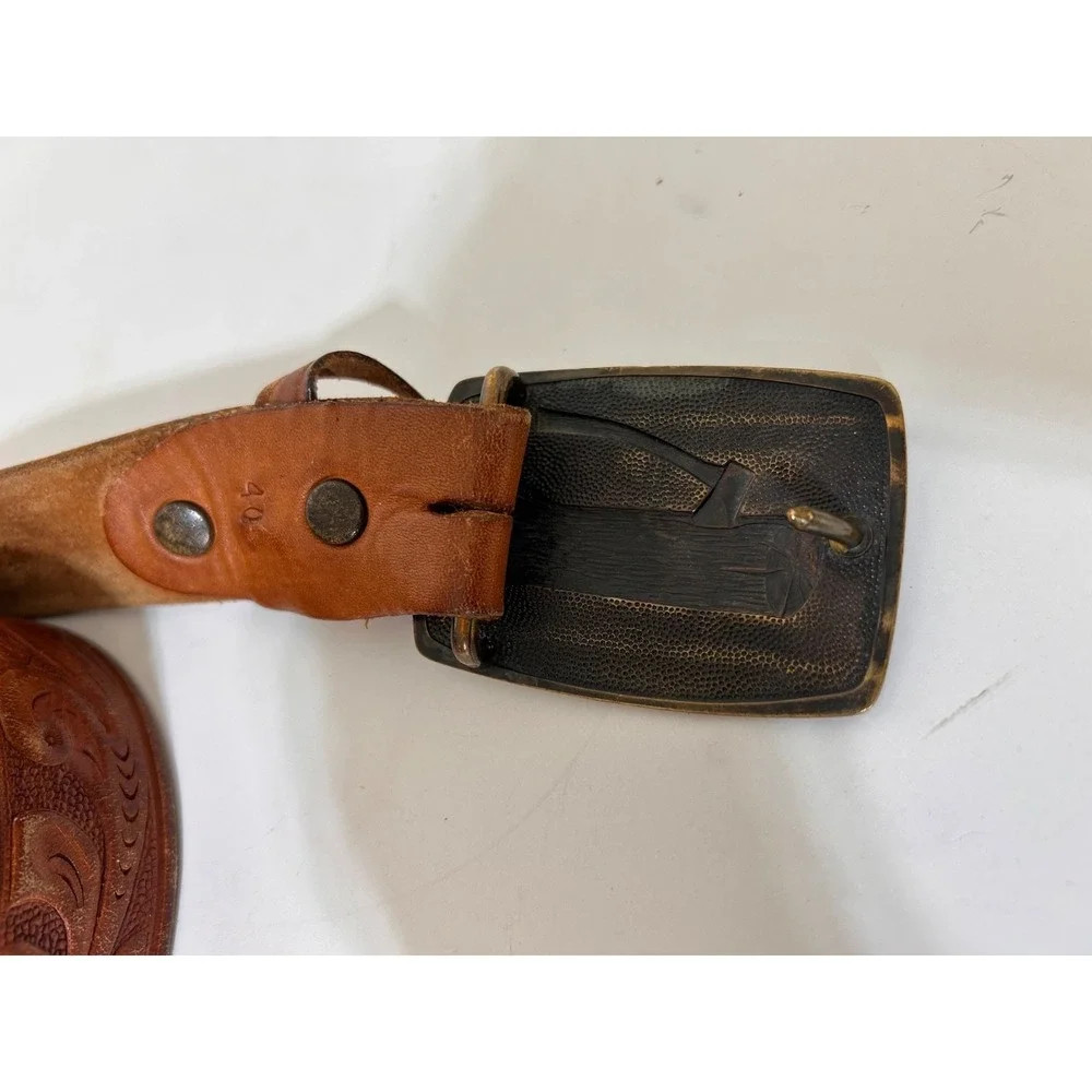 Tool Craft Top Grain Cowhide Leather Carved Tooled Belt Size 40 Brass Buckle